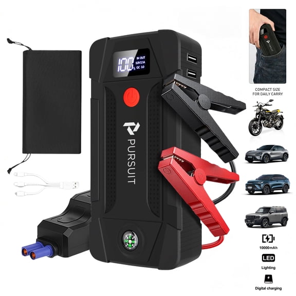 Pursuit Car Jump Starter for Travel, Compact 1000A 12V Lithium Battery Booster Jump pack with 3 Modes Flashlight for 6.0L Gas and 3.0L Diesel Engines, Ultrasafe Jump Box Power Bank