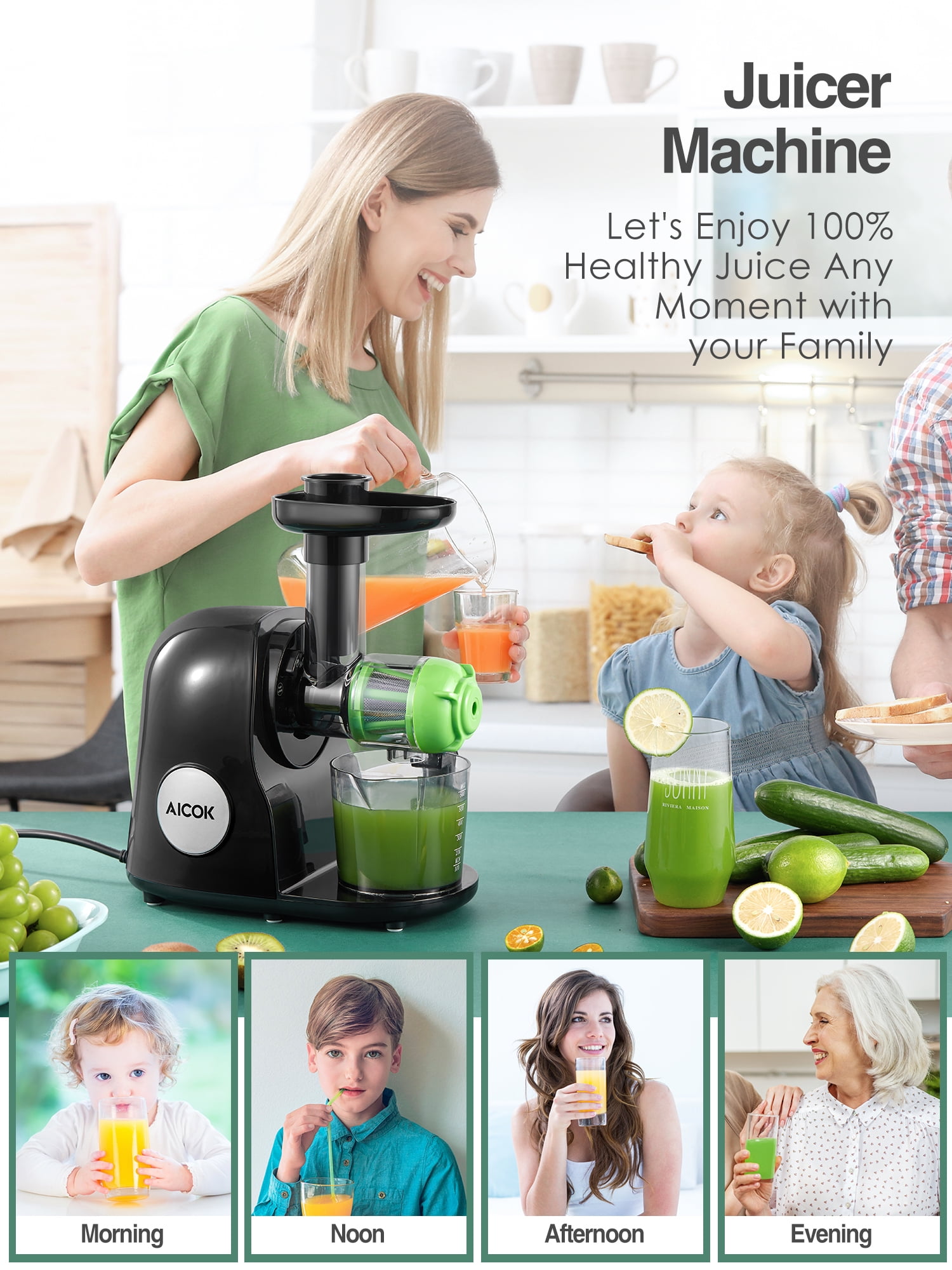 Juicer, 1000W Juicer Machine, 75mm Wide Mouth, Aicok Dual Speed Mode, Stainless Steel, Easy Clean, Silver