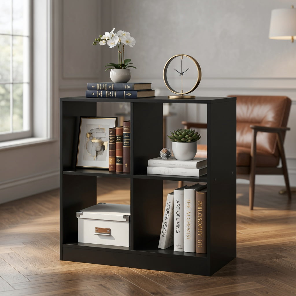 Spaco 4-Cube Kids Bookcase with Open Shelves-Black, Toy Organizer for Kids, Boys, Girls, Nursery