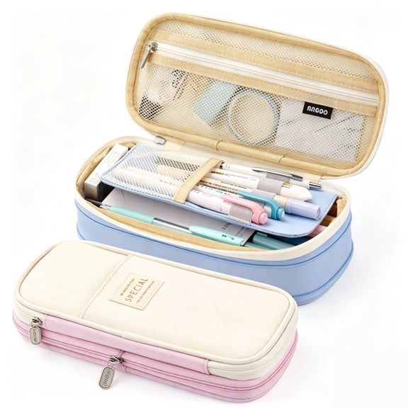 2 Pack Large Capacity Pencil Case | Pink & Light Blue Expandable Zipper Pen Pouch Organizer | for Office, Business Travel, Home Desk & Work Supplies