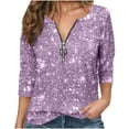 thumbnail image 2 of Lenpel Sequin Tops for Women Long Sleeve Crew Neck Half Zip Sparkly Glitter T-Shirts Dressy Casual Tees Shinny Party Blouses(Purple,X-Large), 2 of 7