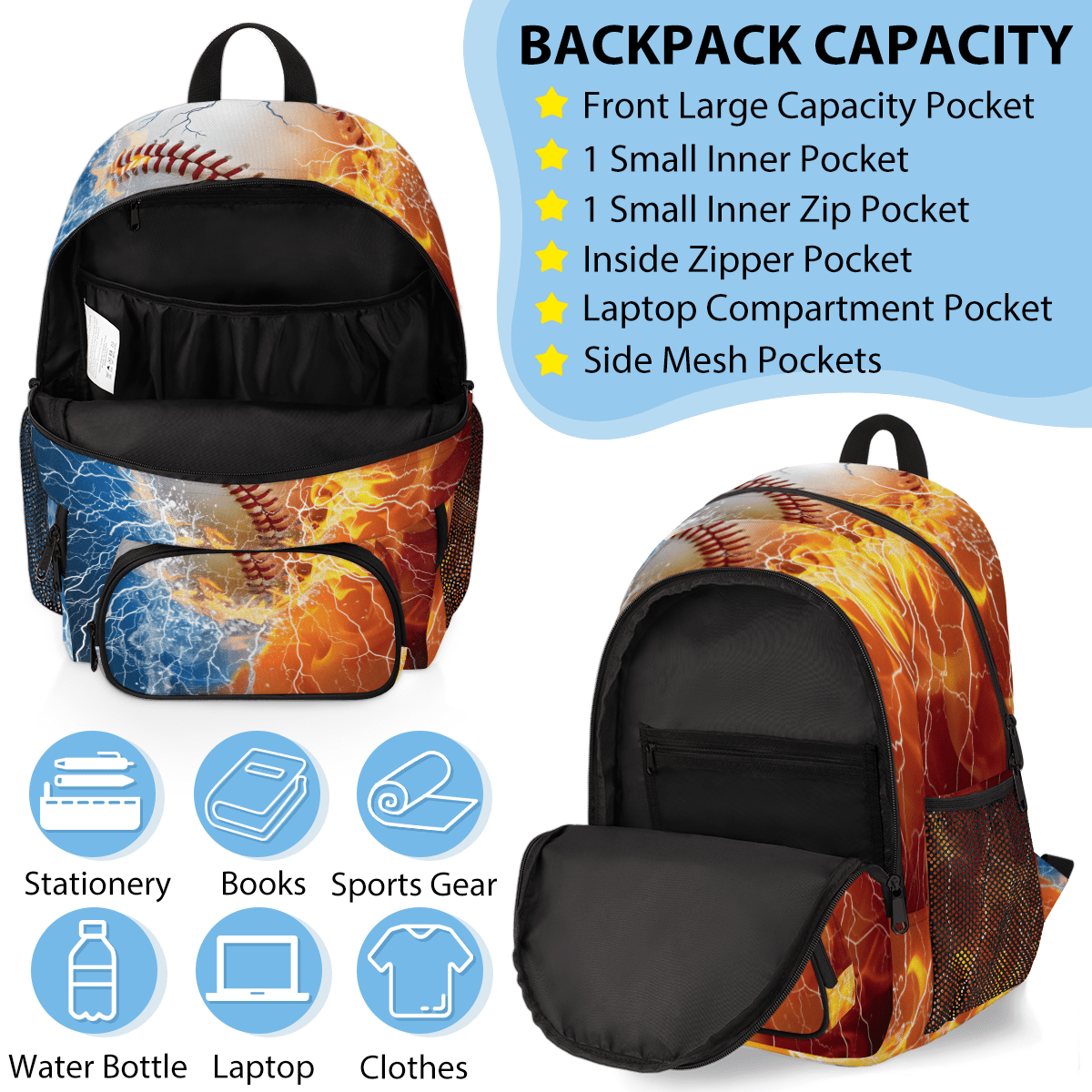 Herdesigns Baseball Sports Theme Large Backpack Set with Lunch Box Lightweight Water Resistant Travel Laptop Backpacks Casual Daypacks for Women Men