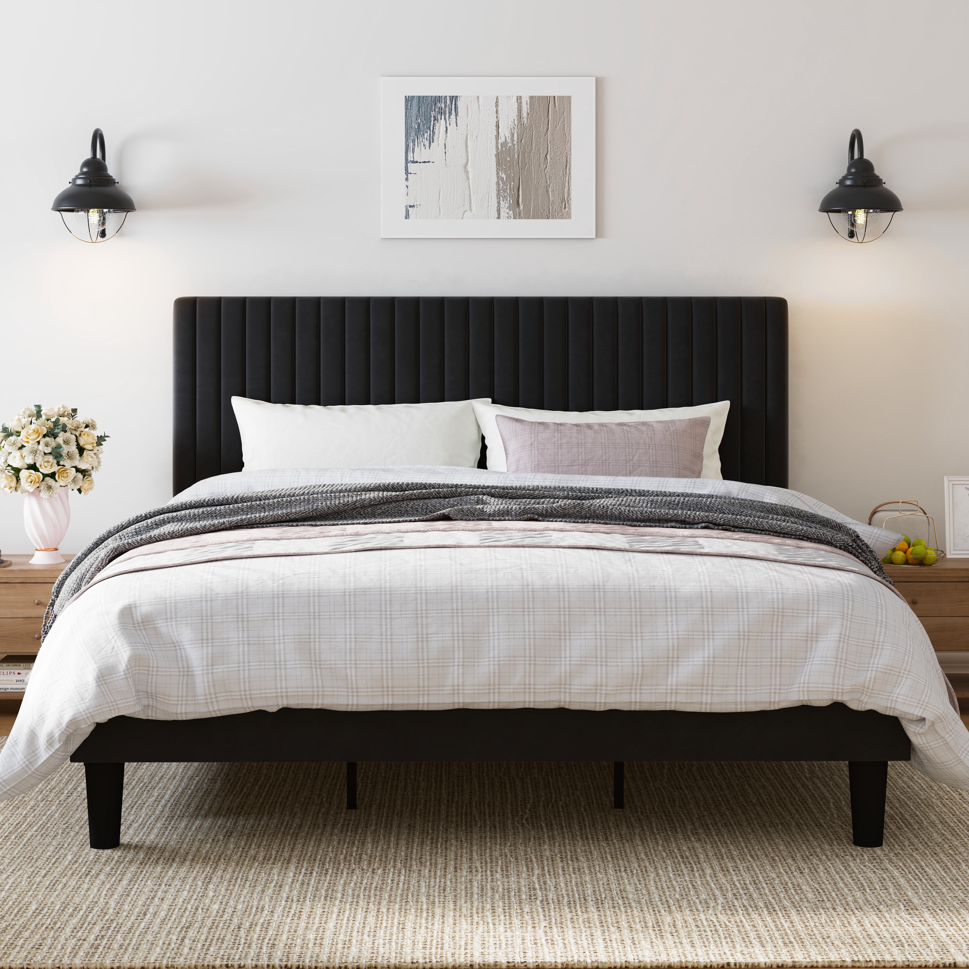 Amolife King Size Upholstered Platform Bed Frame with Adjustable Velvet Headboard, Black