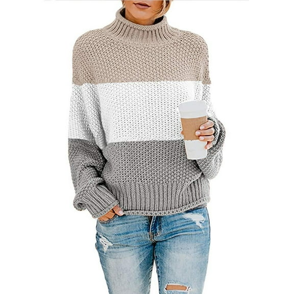 POROPL Women Sweaters Crew Neck Sweater Casual Oversized Knitted Color Blocked Top Size S-5XL