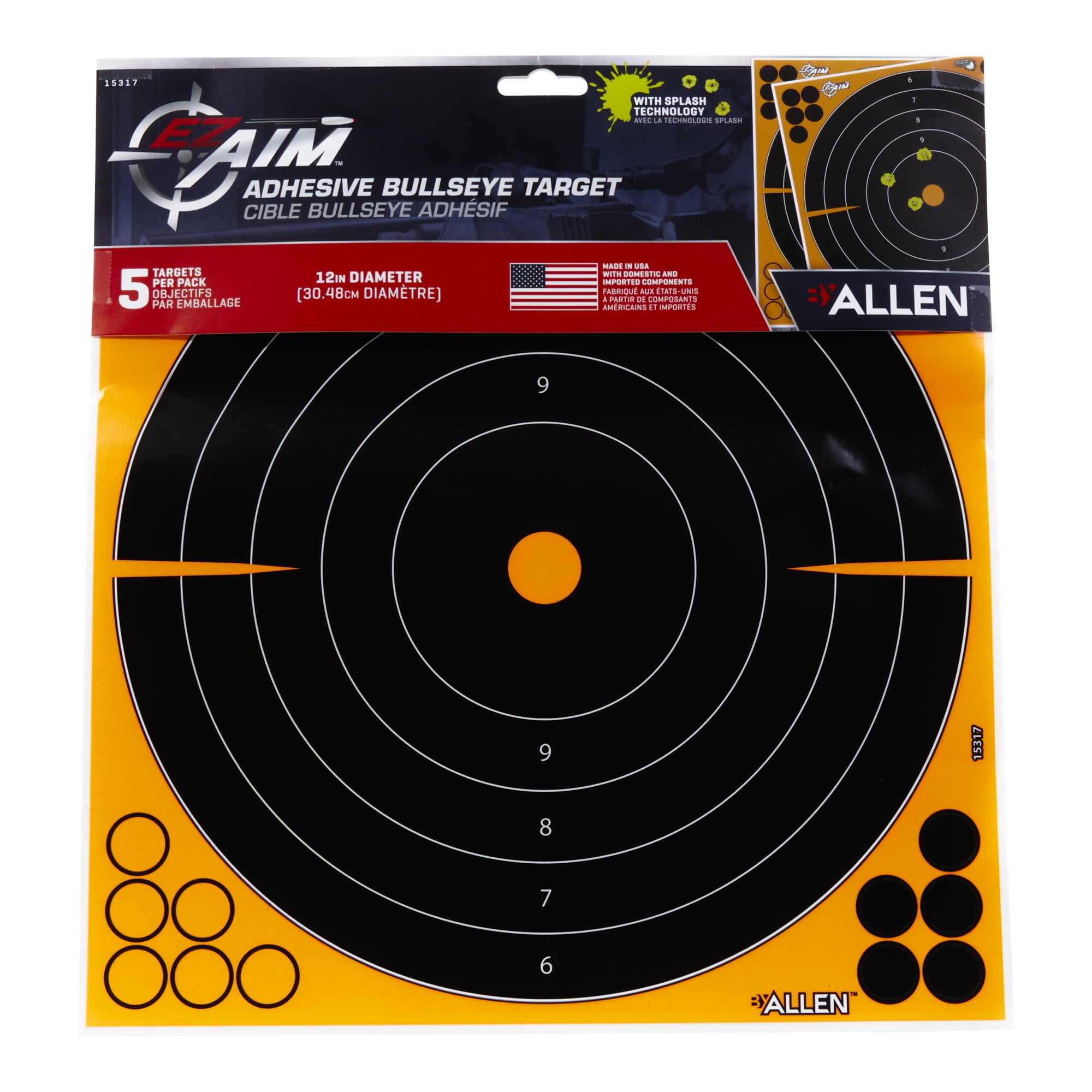Ez Aim Adhesive Splash Reactive Paper Shooting Targets, Bullseye, 12"W x 12"H, 5-Pack, Black/Orange, 2 Pack