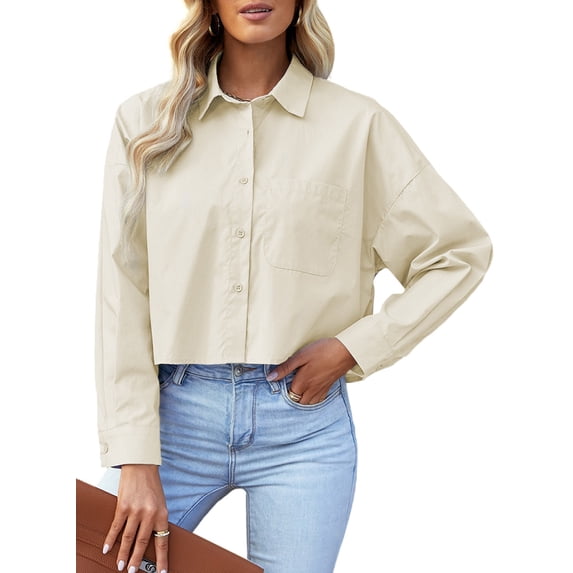 Asyoly Womens Tops Casual Button Down Cotton Cropped Shirts Solid Long Sleeve Dressy Oversized Blouse with Chest Pocket
