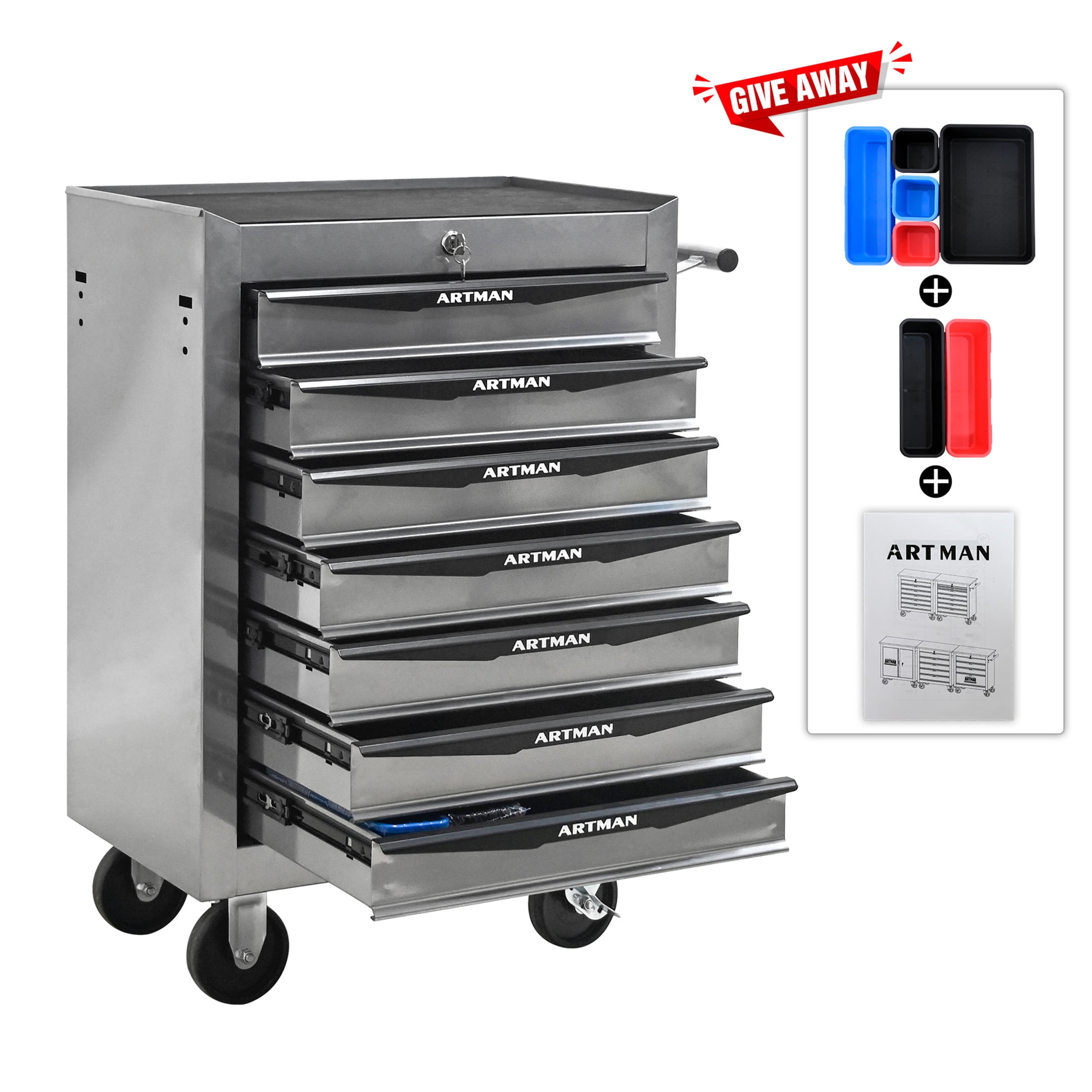 Noble House 7-Drawer Mobile Steel Tool Organizer with Key Lock, Ball Bearing Slide Storage Cabinet Box, Silver