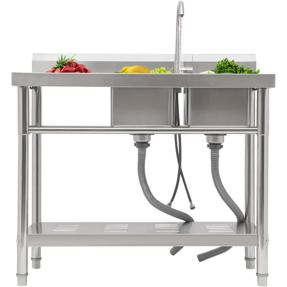 Stainless Steel Utility Sink, Free Standing Double Bowl Kitchen Sink with 360° Rotatable Faucet, Commercial Complete Sink Kit with Baffle and Bottom Storage Shelf, 39.37" x 19.69" x 33.61"