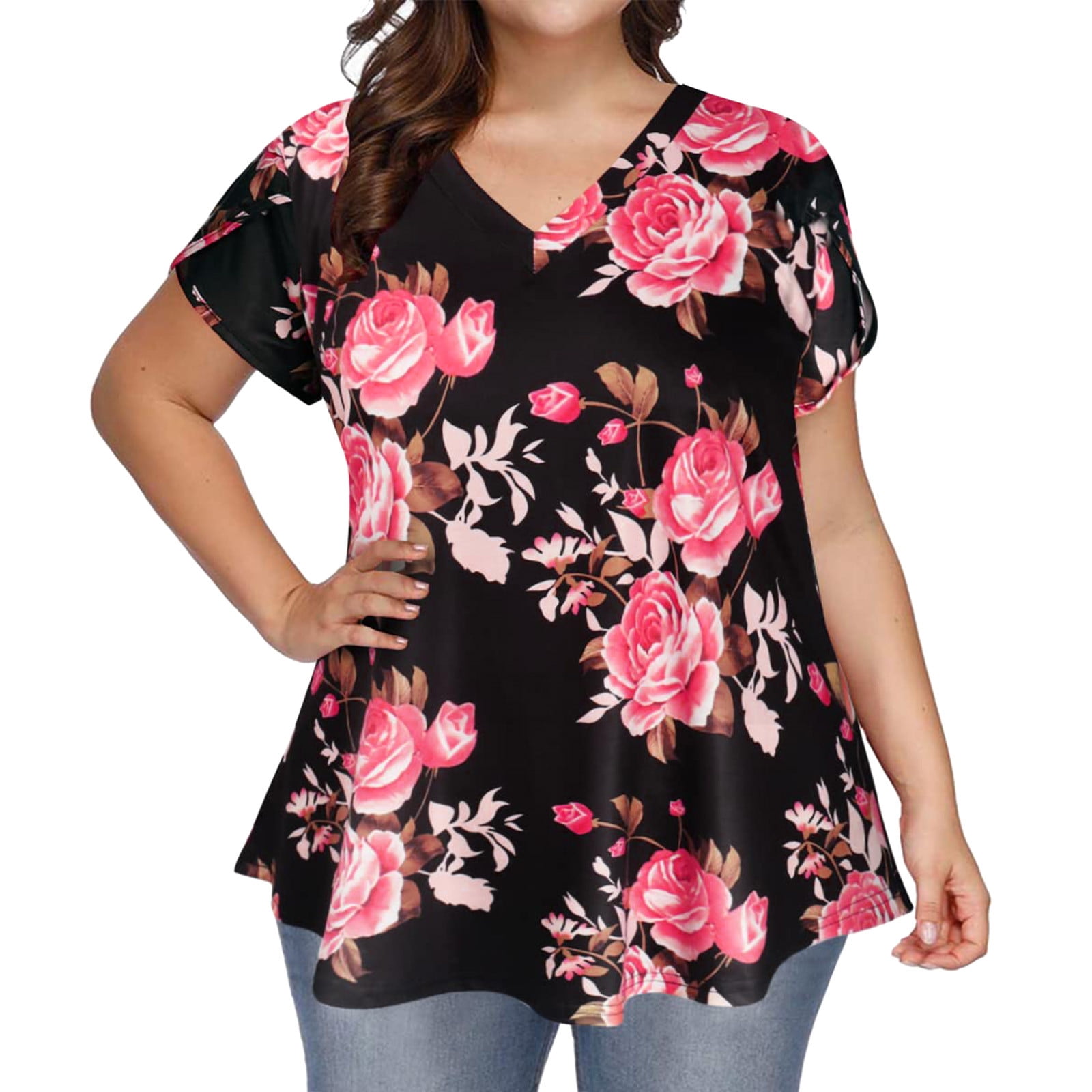 Plus Size Tops For Women Summer Petal Sleeve Casual Tshirts Short Sleeve  Tunic Dressy Blouses Cute Plus Size Tops For Women - Walmart.Com