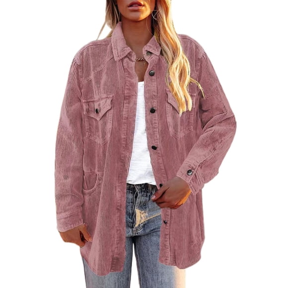 Baberdicy Lady Coat Women's Loose Thick Shirt Corduroy Lapel Button Loose Casual Jacket Plus Size Tops Pink