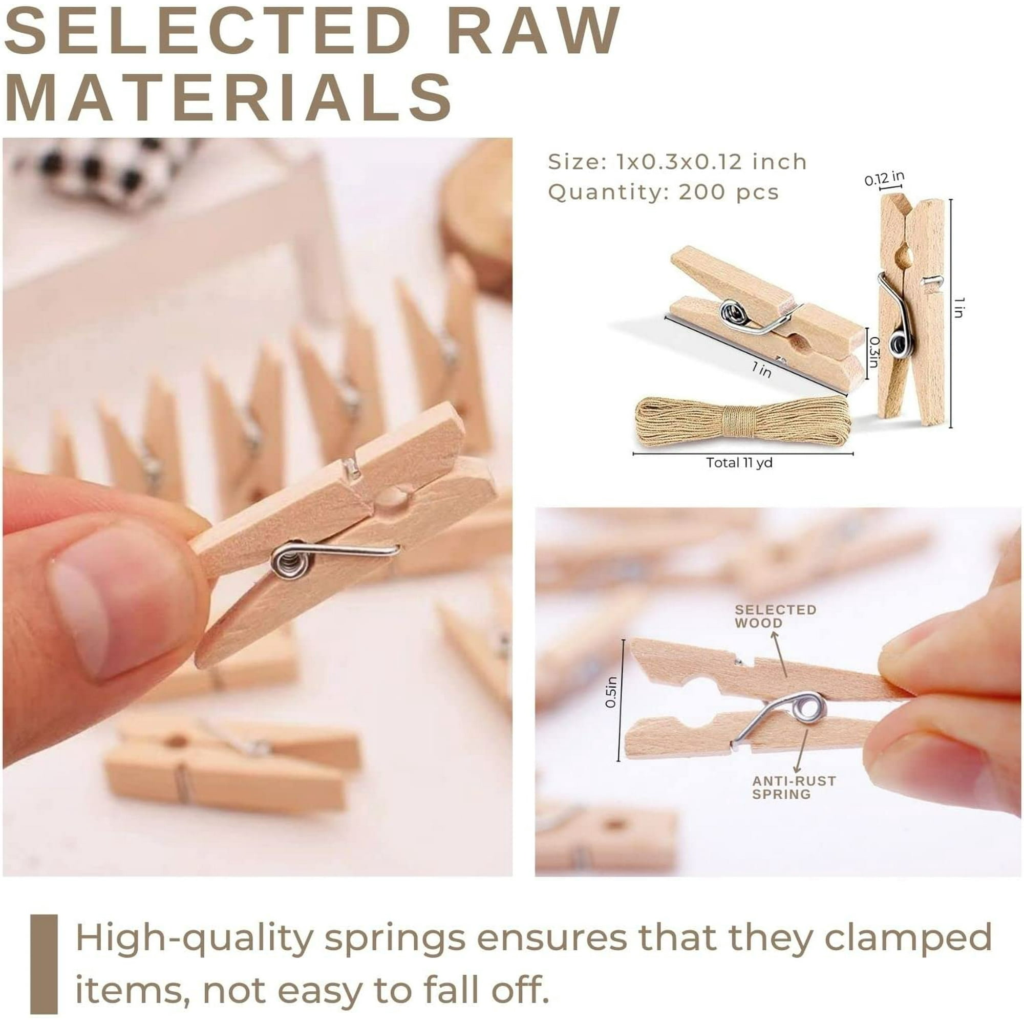 Mini clothes Pins for Photo, 200 pcs 1 Natural Wooden Small clothespin with  Jute Twine, Mini Photo clips Small clothes Pins for Photos, crafts, Arts,  cocktails