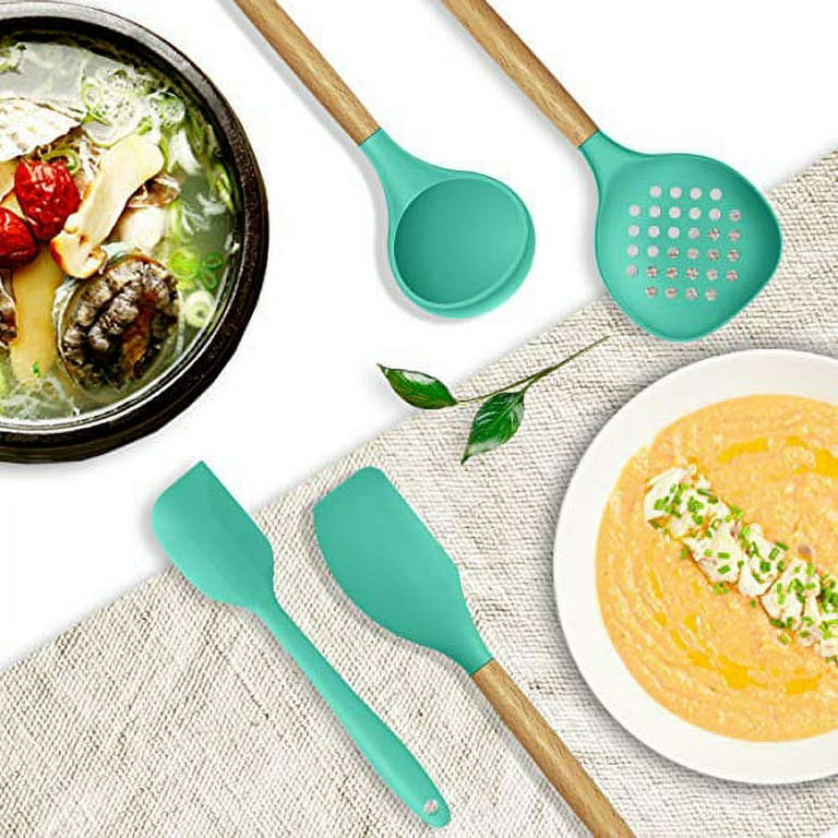 14 Pcs Silicone Cooking Utensils Kitchen Utensil Set - 446Â°F Heat  Resistant,Turner Tongs,Spatula,Spoon,Brush,Whisk. Wooden Handles Teal Kitchen  Gadgets Set for Nonstick Cookware (BPA Free Non Toxic) 