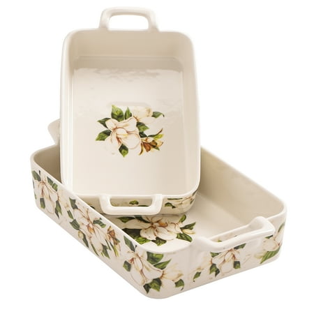 

WORTON Magnolia Floral Stoneware Baking Dish Set Set of 2 Large & Medium Rectangular Baking Pan Set Lasagna Pan Casserole Dish Microwave Dishwasher and Oven Safe