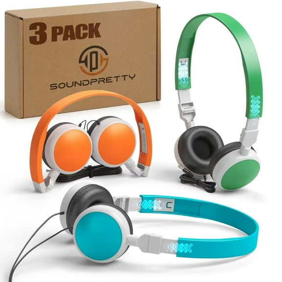 SP SOUNDPRETTY 3-Pack Individually Wired Classroom Headphones - 3.5mm Jack No Mic Bulk Kids Headphones, Multi-Color for School/Library/Testing Room