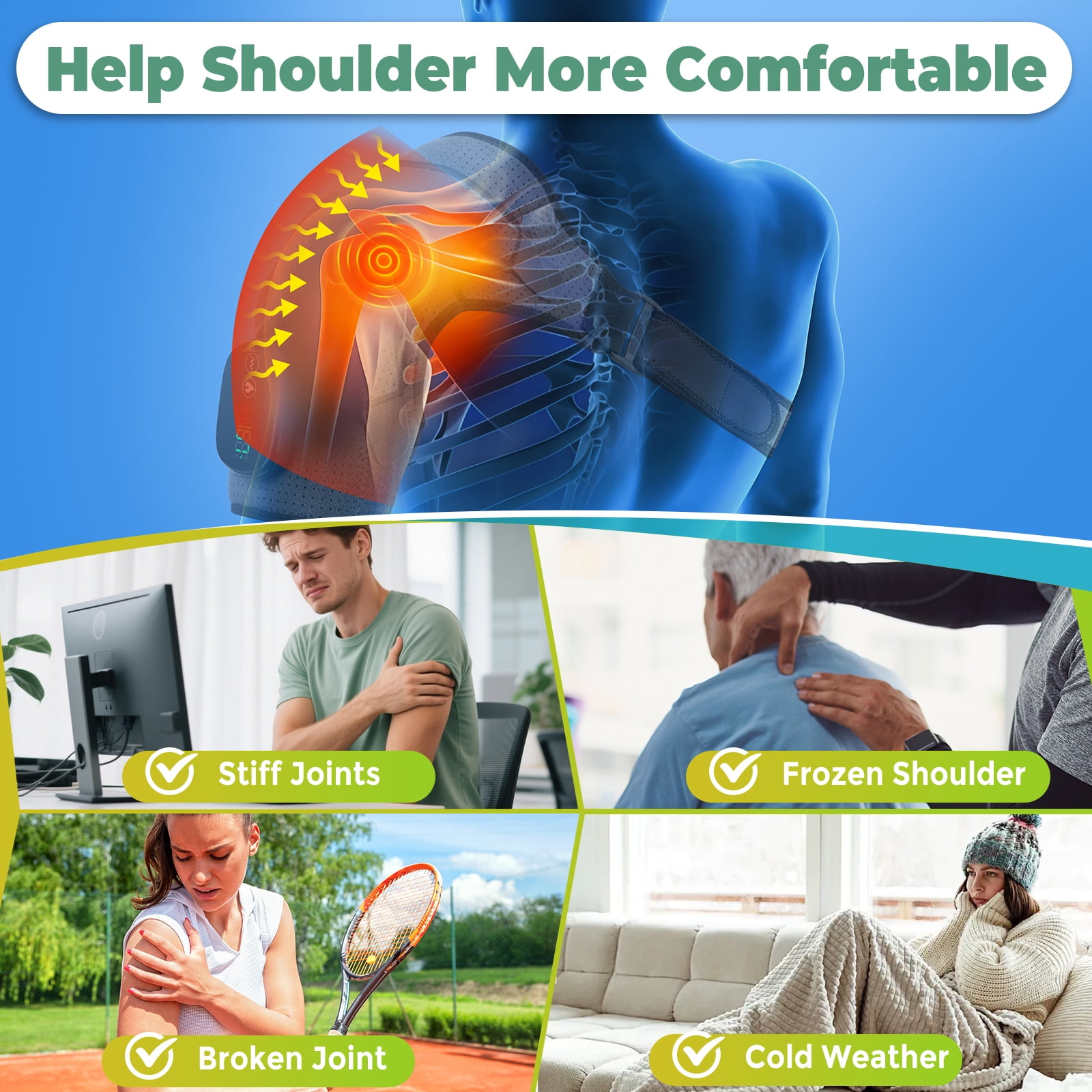 Heated Shoulder Wrap Brace Support with Vibration Heating Electric Massage Pad 3 Modes
