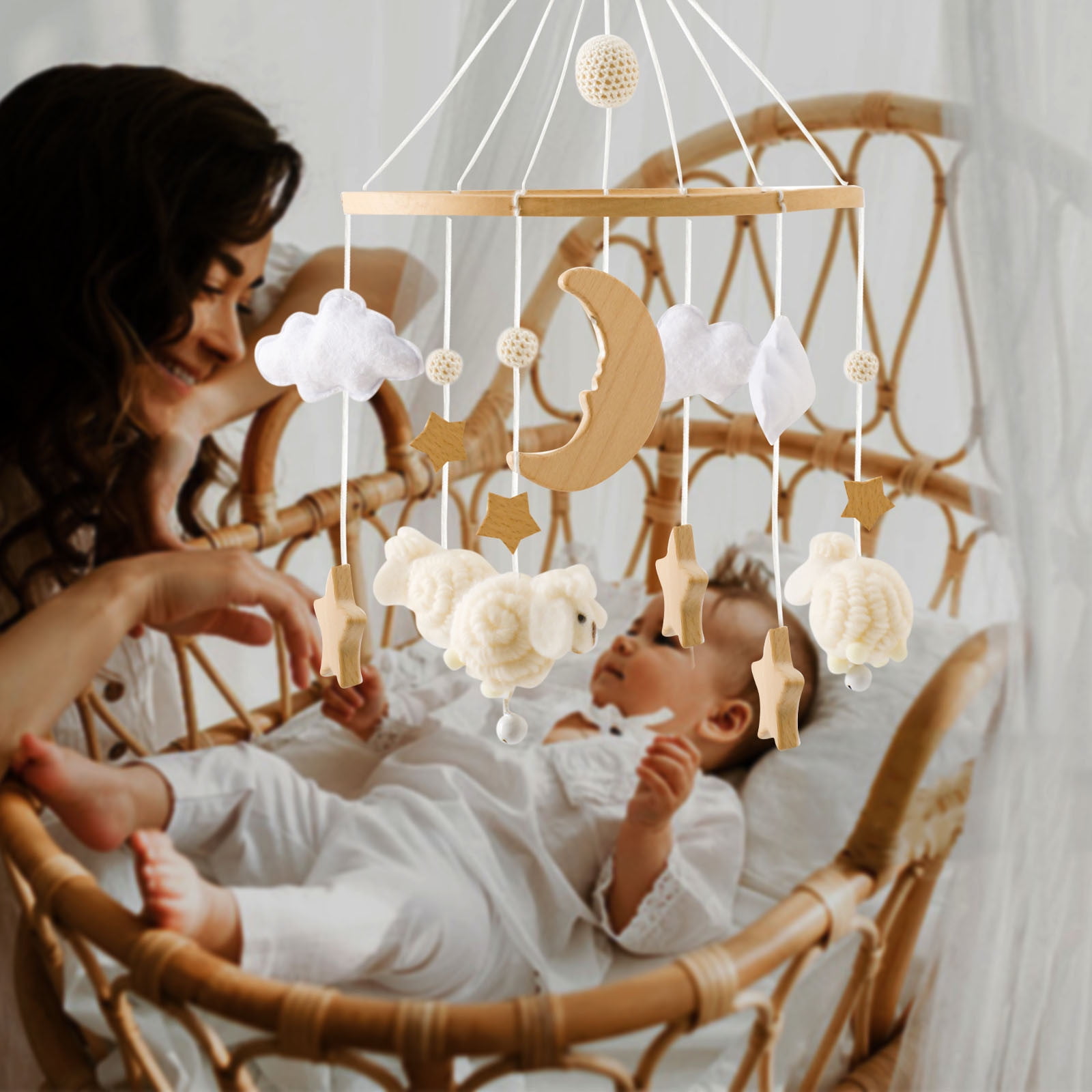 Baby Crib Mobile, Gaqring Handmade Wooden Felt Mobile for Newborns, Natural Bamboo Fiber Hanging Wind Chime Bed Decor Safe Soft Nursery Gift, Beige