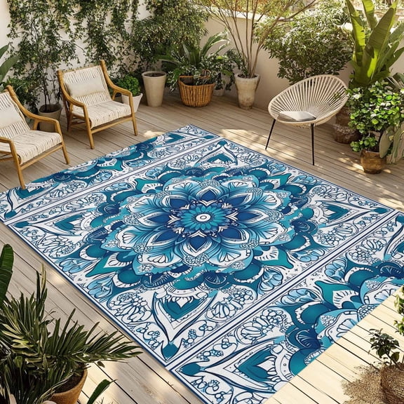 Fsddascl Teal Blue Floral Boho Outdoor Rug for Patio/Deck/Porch, Non-Slip Large Area Rug 4 x 6 Ft, Abstract Tribal Ethnic Flowers Indoor Outdoor Rugs Washable Area Rugs, Camping Rug Carpet