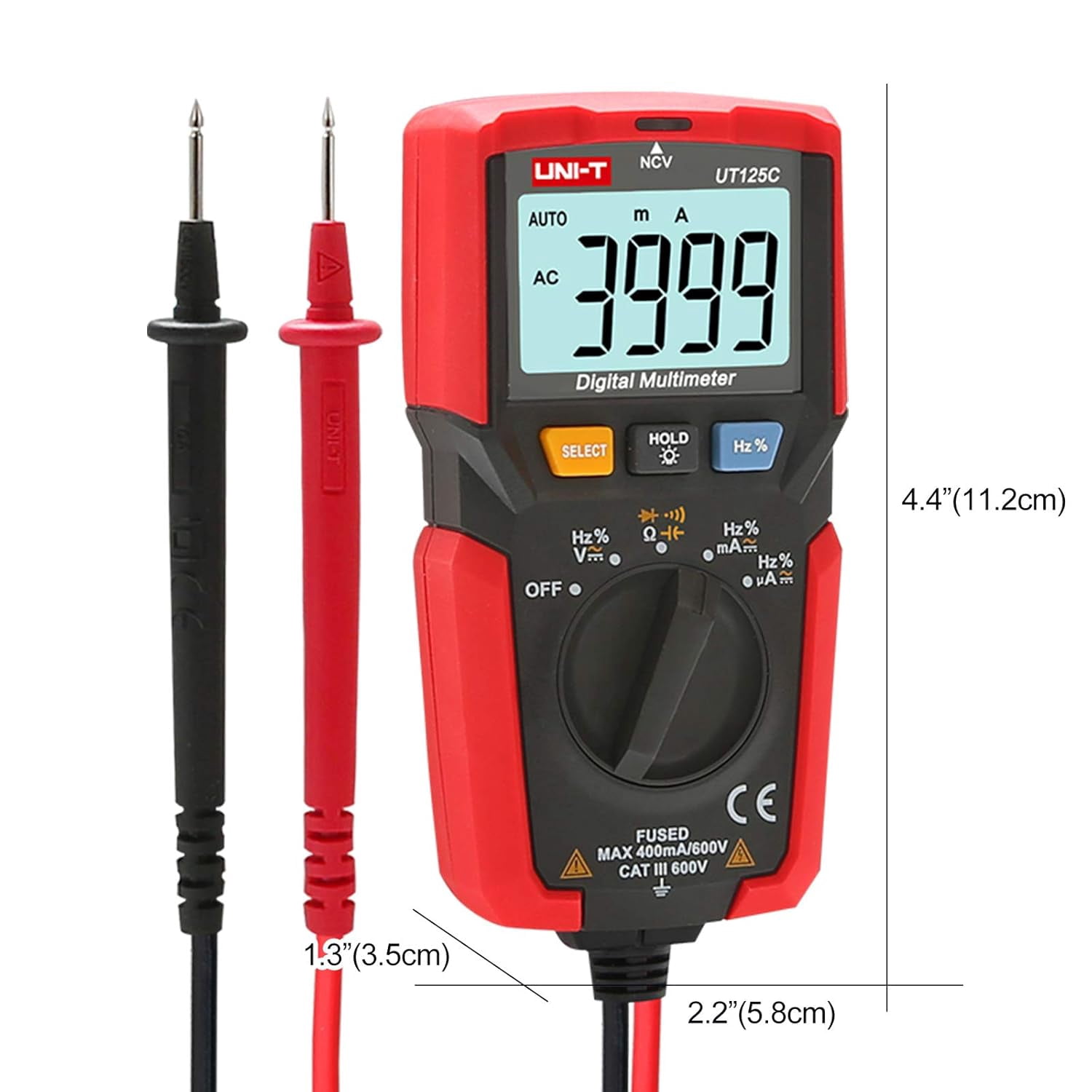 CATPAN UT125C Digital Multimeter Pocket Multi Tester, 4000 Counts AC DC Voltage AC DC Current Resistance Capacitance Frequency Duty Cycle NCV Diode Test Continuity Test Data Hold Auto Power Off