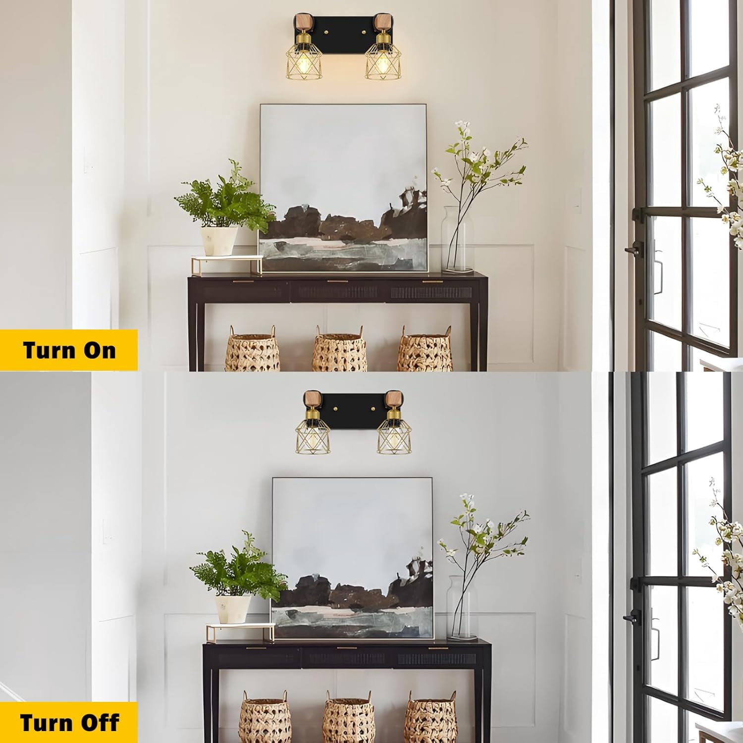 Wood Bathroom Wall Sconces 2-Light Black Gold Bathroom Vanity Light Fixtures with Metal Shade Light Fixtures Wall Mount for Living Room, Hallway, Dressing Table