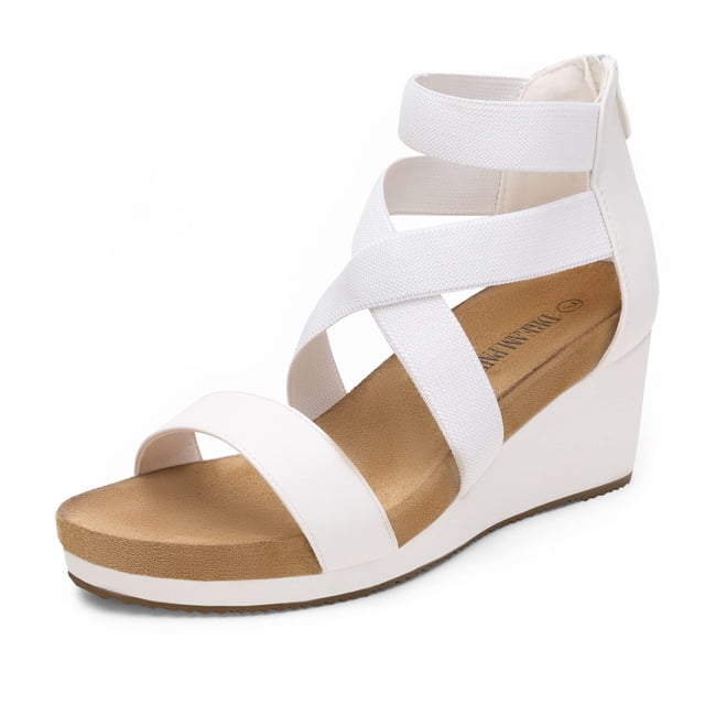 Sandalia DREAM PAIRS NINI-3 Blanca con Tiras Elásticas y Cuña de 6 cm