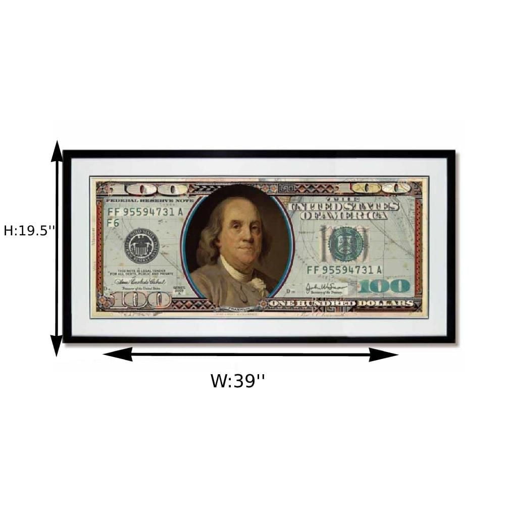 Contemporary Wall Art – Hundred Dollar Collage Painting (19.5" H x 39" W x 1.18" D), Encased in a Sleek Black PS Frame, Featuring Bold Design and Intricate Details