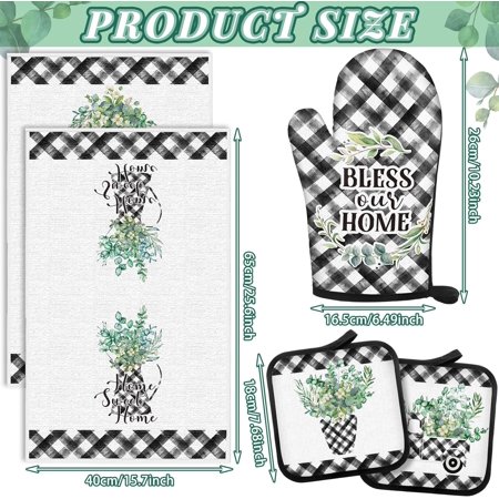 YILOSF-5 Pcs Buffalo Plaid Oven Mitts Pot Holders Dish Towels Set Including 2 Pcs Farmhouse Kitchen Towels 2 Pcs Potholders 1 Pcs Microwave Gloves for Kitchen Cooking (Eucalyptus)