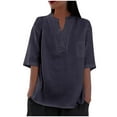 thumbnail image 2 of Fanxing Linen Cotton Shirts for Women Plus Size Tops Gauze Linen V Collar Henley Blouses Oversized Summer Elbow Sleeve Workout Tops S-2XL, 2 of 5