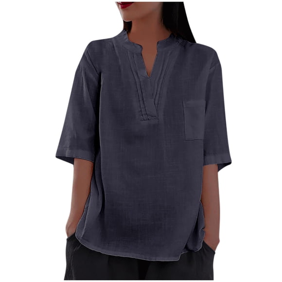 Posijego Hauts en Lin à Manches Courtes pour Femmes, Col en V, Été, Décontractés, Amples, Chemises, Blouses Habillées pour Femmes