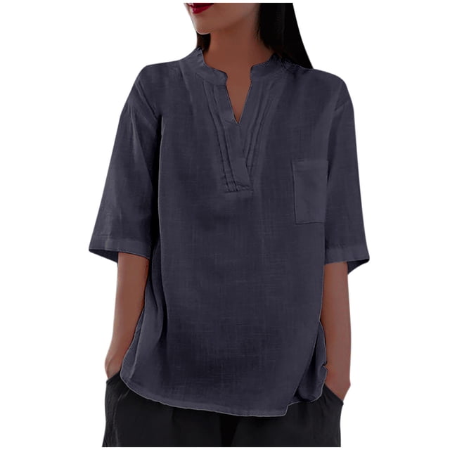 Posijego Hauts en Lin à Manches Courtes pour Femmes, Col en V, Été, Décontractés, Amples, Chemises, Blouses Habillées pour Femmes