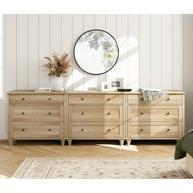 WAMPAT 9 Drawer Dresser, Kids Bedroom Dresser, Wide Wooden Chest of Drawers, Mid Century Modern Storage Cabinet, Large Wood Dresser for Living Room, Nursery, Hallway, Oak, 3 Pack