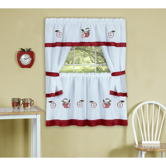 PowerSellerUSA 5-Piece Embellished Kitchen Curtain Cottage Set, Tier Panels, Swag Valance & Tiebacks, Country House Kitchen Set Cafe Curtain for Kitchen & Living Room, 56" wide by 36" long, Red