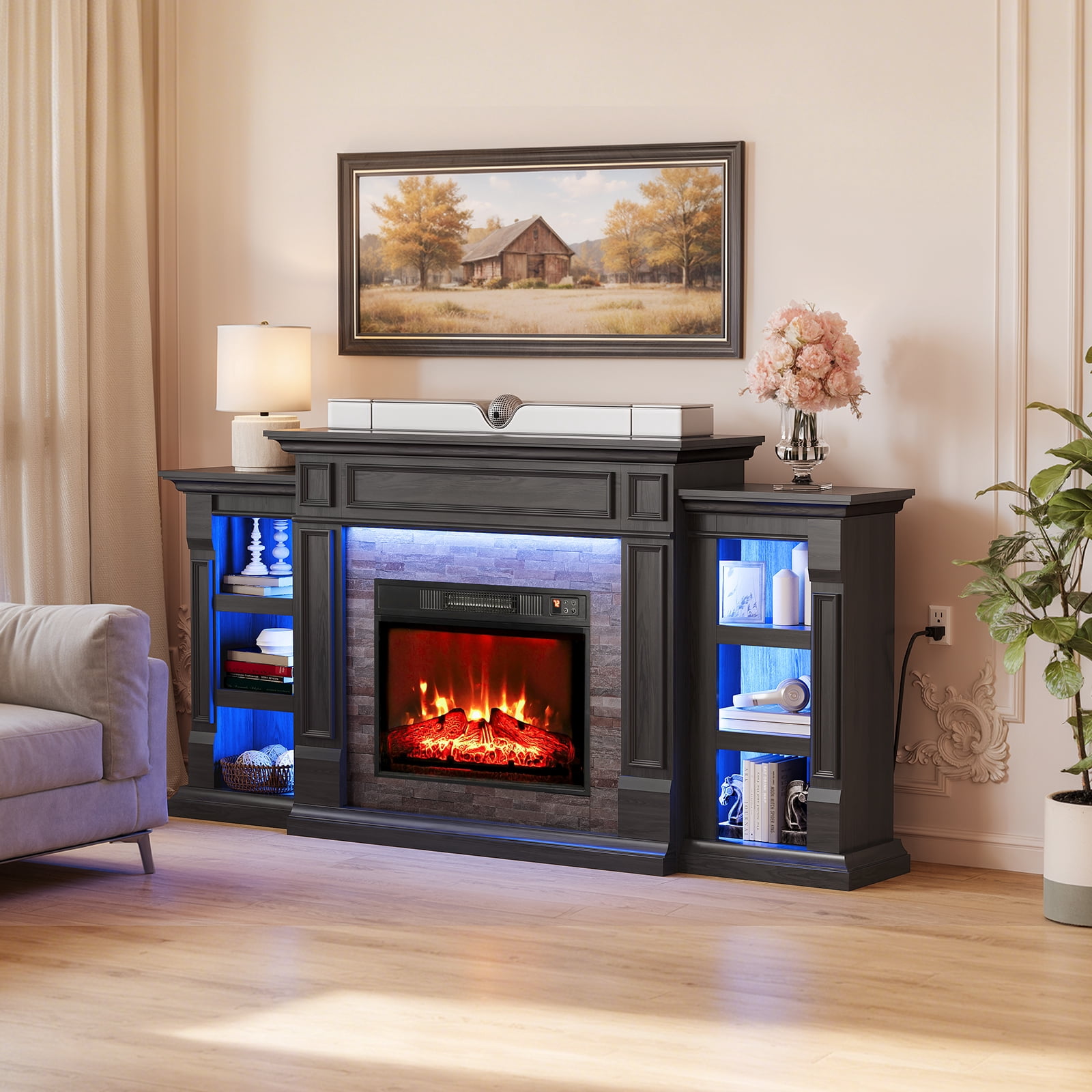 LGHM 72" Electric Fireplace TV Stand with Mantel, Farmhouse Entertainment Center for TVs up to 80" with LED Light, Black