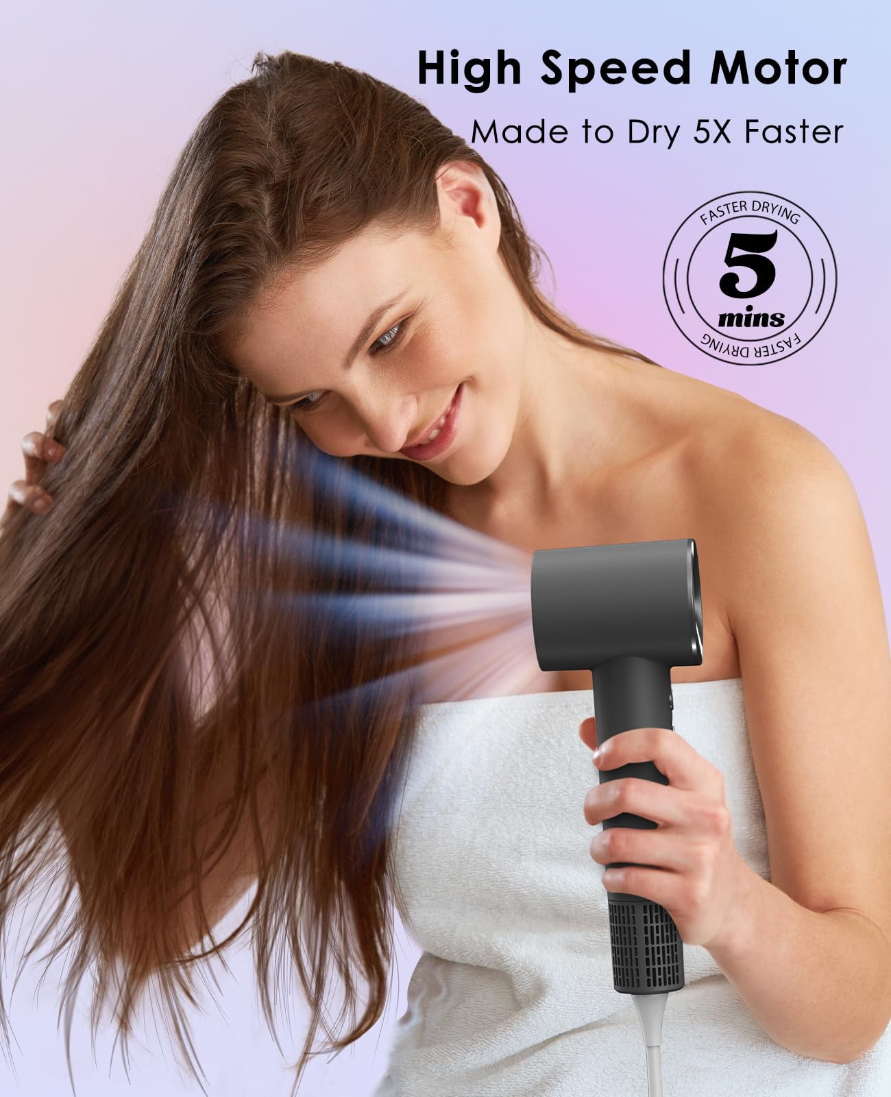 Negative Ionic Hair Dryer with 110,000 RPM Motor - High-Speed Lightweight Blow Dryer for Travel & Home Use, Fast Drying Low Noise Hair Drier with Smooth Nozzle, Black