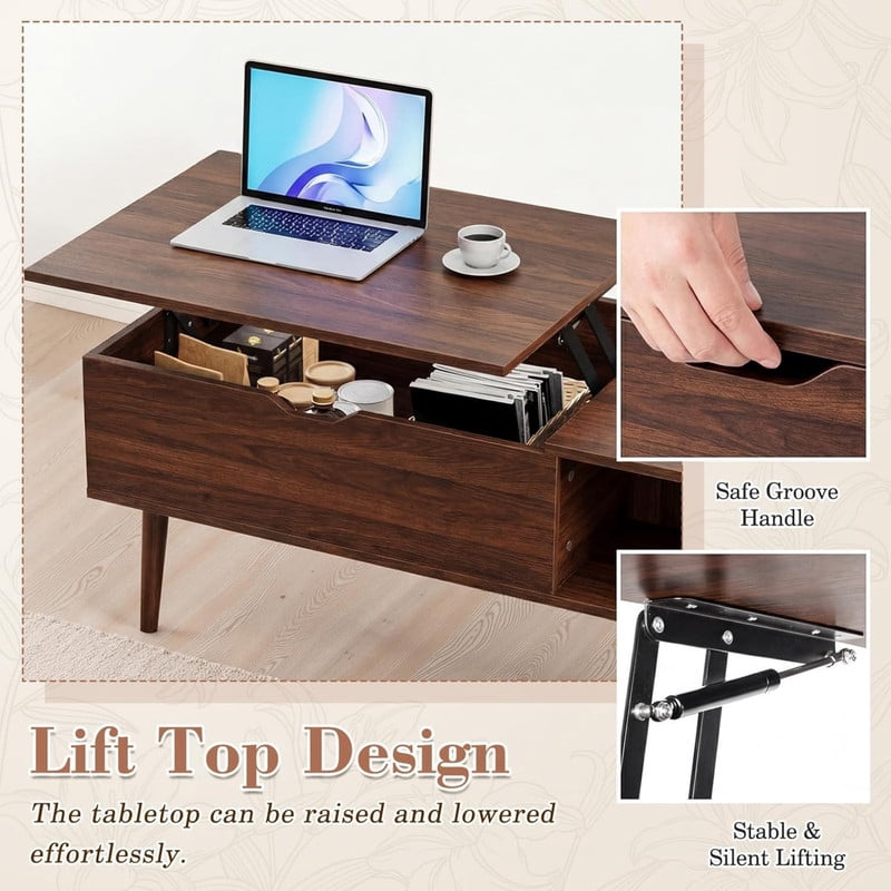 Kelno Lift Top Coffee Table with Hidden Storage Adjustable Height Wood Center Table with Open Side Shelves for Living Room, Dark Brown
