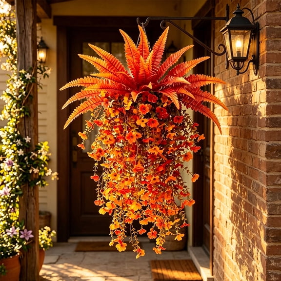 3 Pack Artificial Hanging Plants Set with Violet & Persian Grass, Faux Trailing Greenery Vines for Indoor Outdoor Poolside, Fall Decor for Thanksgiving Halloween Home Porch Wall