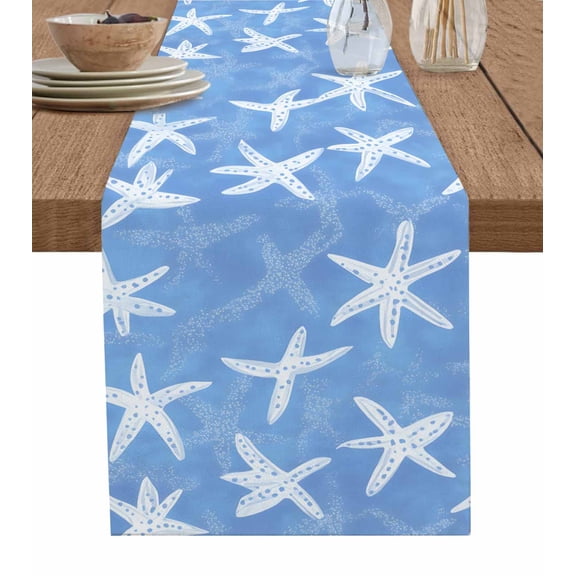 White Blue Starfish Coastal Table Runner 72 Inches, Summer Ocean Beach Sea Bed Runner Dresser Scarves Tabletop for Indoor Outdoor Parties/Ceremony/Banquet, 13" x 72"
