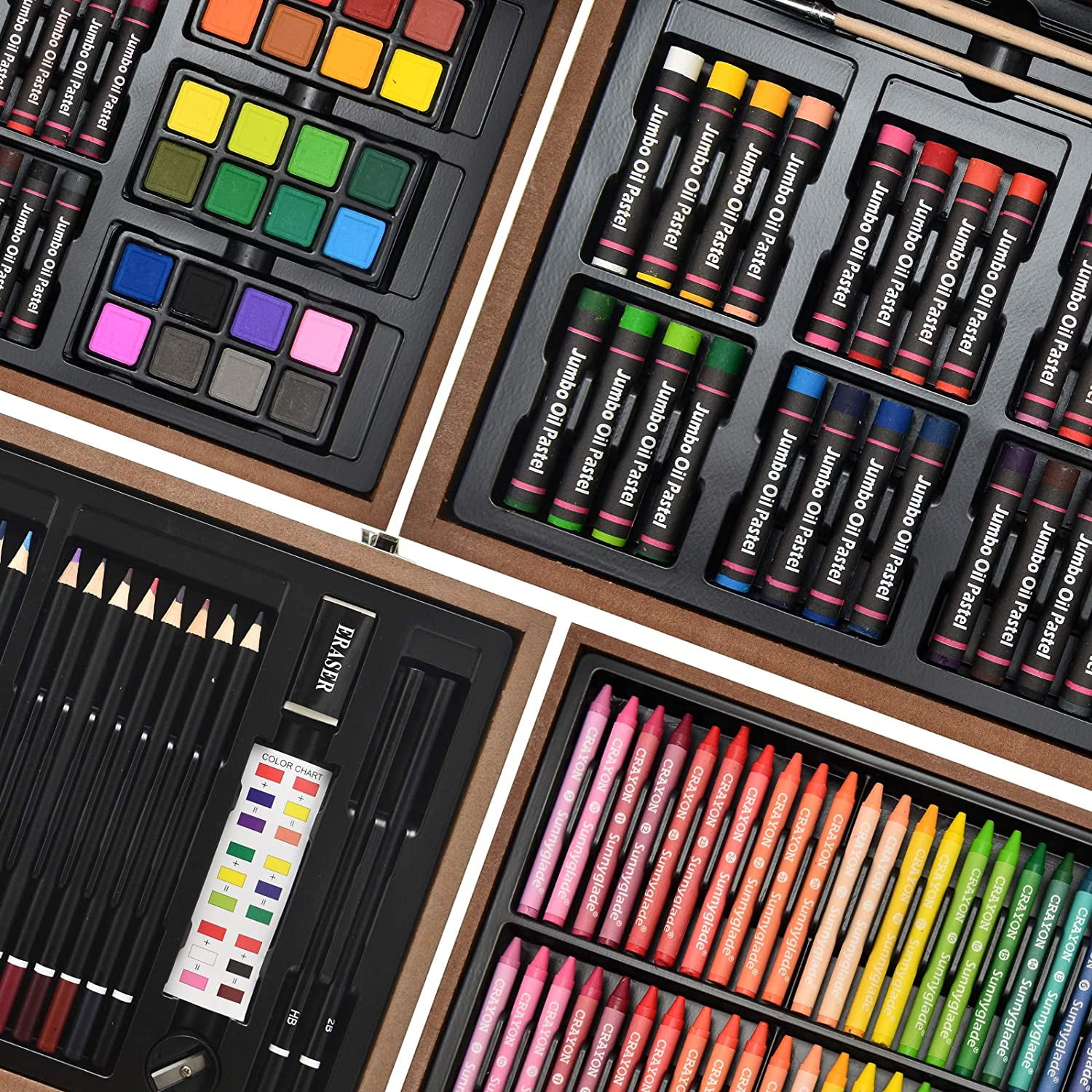 Bibana 145 Piece Deluxe Art Set, Wooden Art Box & Drawing Kit with Crayons, Oil Pastels, Colored Pencils, Watercolor Cakes, Sketch Pencils, Paint Brush, Sharpener, Eraser, Color Chart
