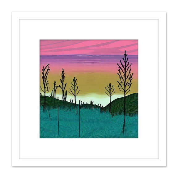 Forest Hill Sunset Sunrise Sky Landscape Painting Pink Purple Green Teal Square Wooden Framed Wall Art Print Picture 8X8 Inch