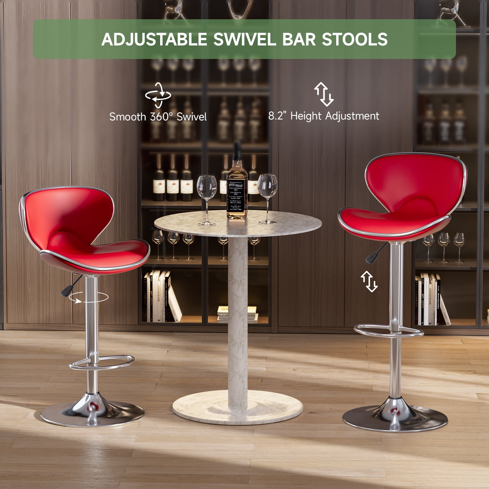 Adjustable Swivel Bar Stools Set of 2 , Modern PU Leather Upholstered Bar Chairs with Chrome Base for Kitchen Island, Dining Room, Pub, Counter (Red)