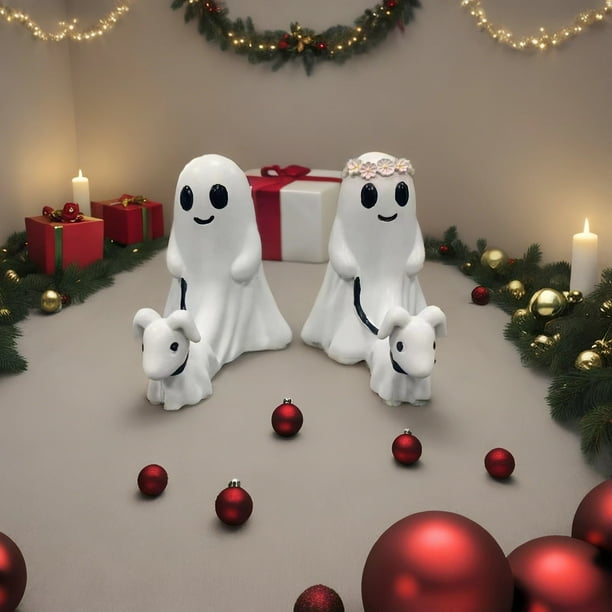 2 piezas de decoración de fantasmas, estatua de perro fantasma caminando, estatua de perro lindo espeluznante, figura de perro caminando, adorno de mesa, dormitorio de Halloween