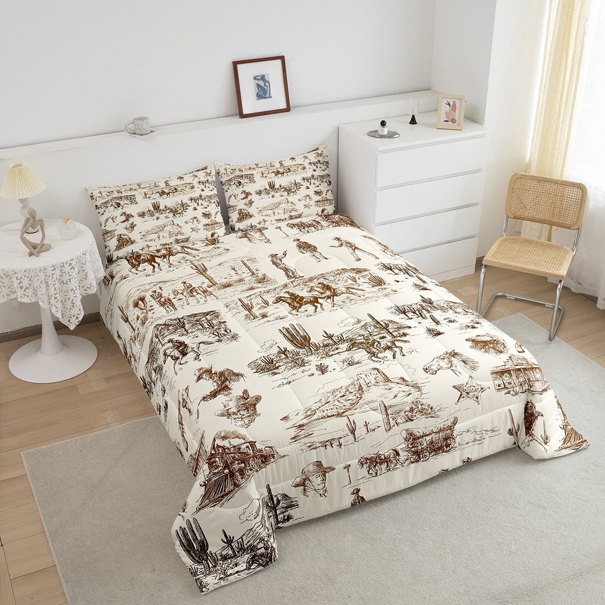 Western Cowboy Bedding Comforter Sets American Wild West Desert Comforter Teenagers Youth, Hand Drawn Sketch Illustration Bedding Set Rustic Country Theme Western Decor Quilt 3Pcs(King)