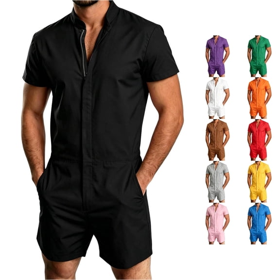 WDDDD Men's Short Sleeve Stand Collar Romper Jumpsuit Summer Shorts Outfit Black XXL