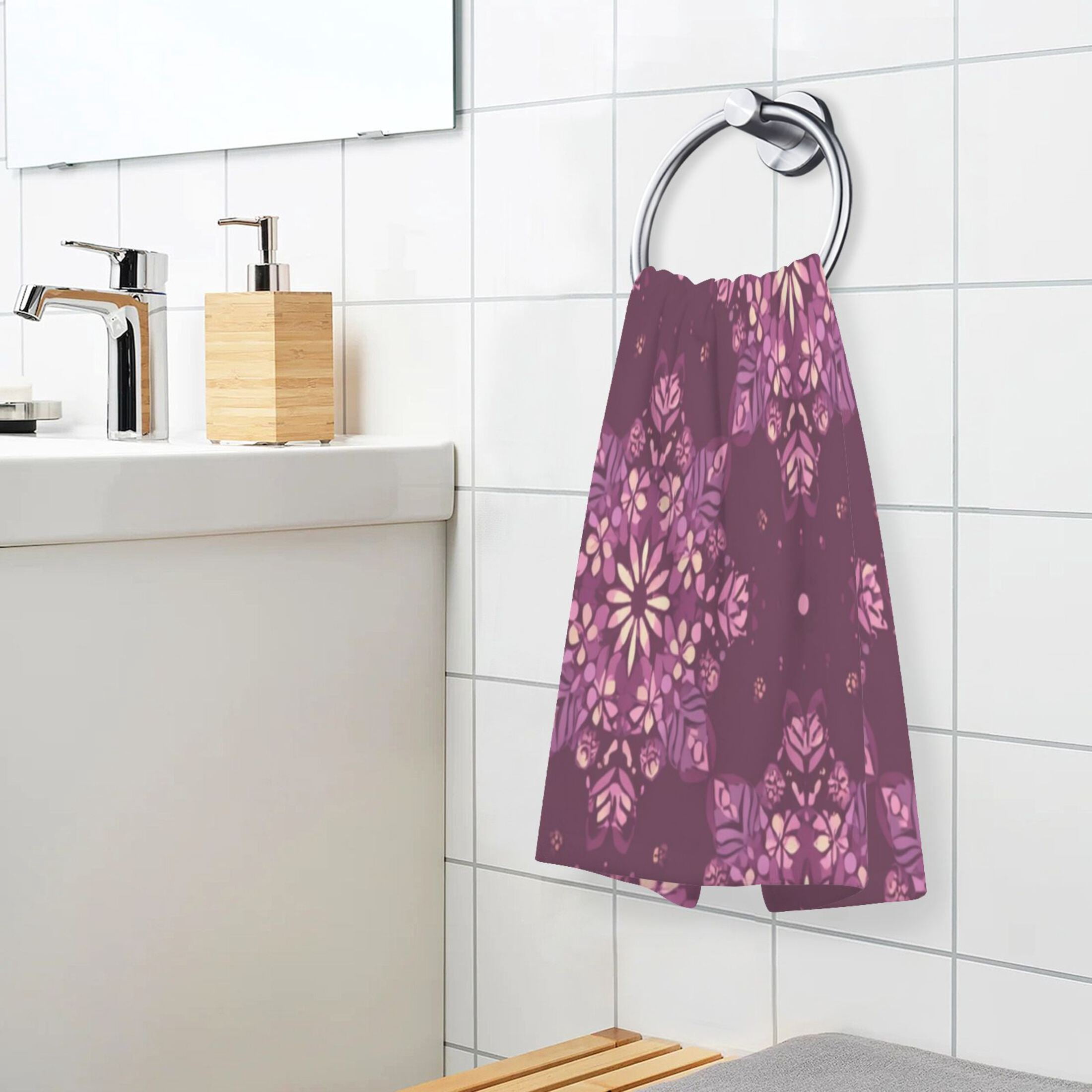 2 Pieces of Cotton Towel Face Towel Set Hand Towel Bath Towel Cotton Bath Towel Sets Plum Purple Geometric Blooms