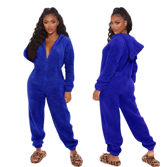 Ujnder Women's Cozy Long Sleeve Hooded Jumpsuit Cute Autumn Winter Loungewear Pajamas Blue S