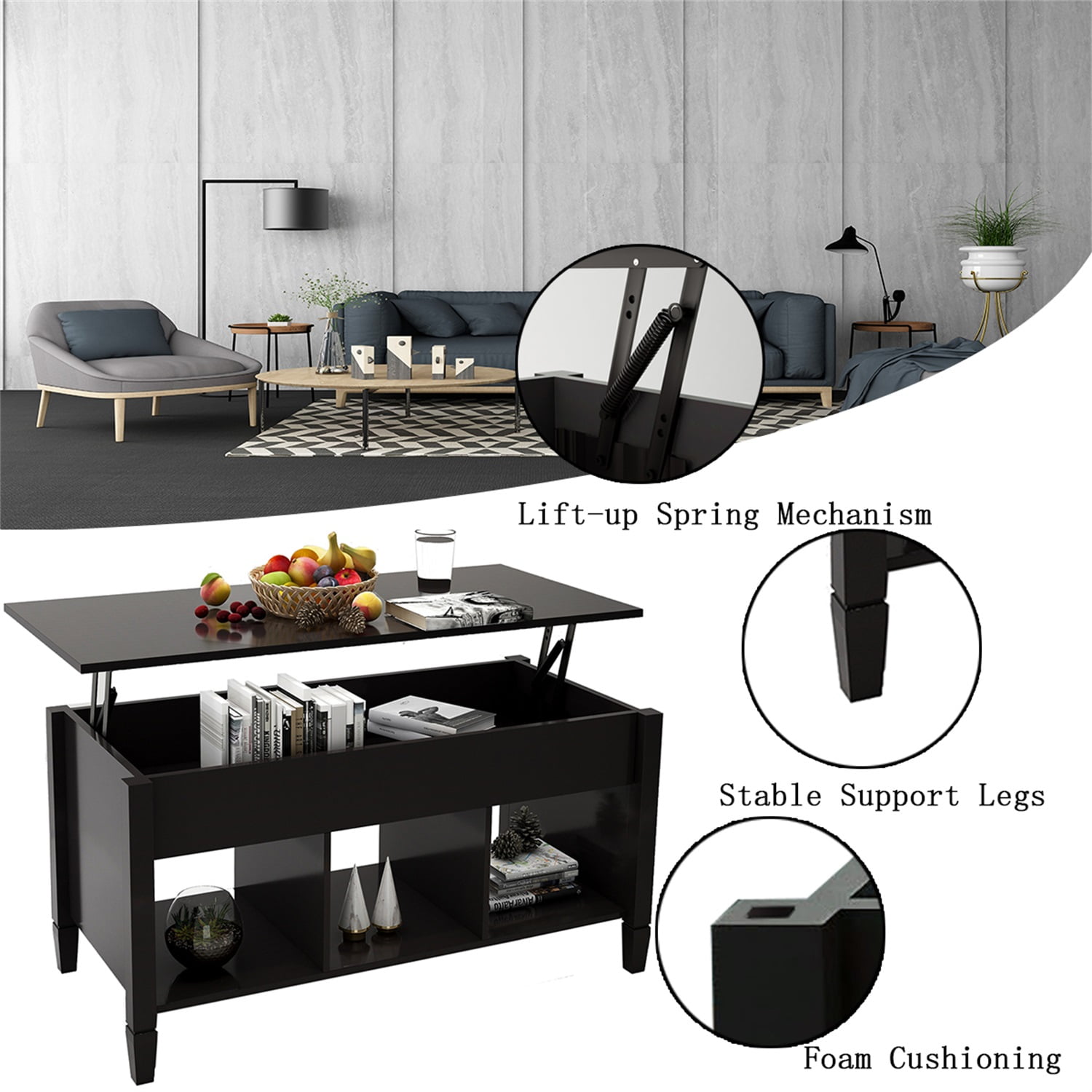 Kadyn Modern Lift Top Coffee Table with 3 Storage Rooms, Wooden Center Coffee Table Living Room Table for Home, Black