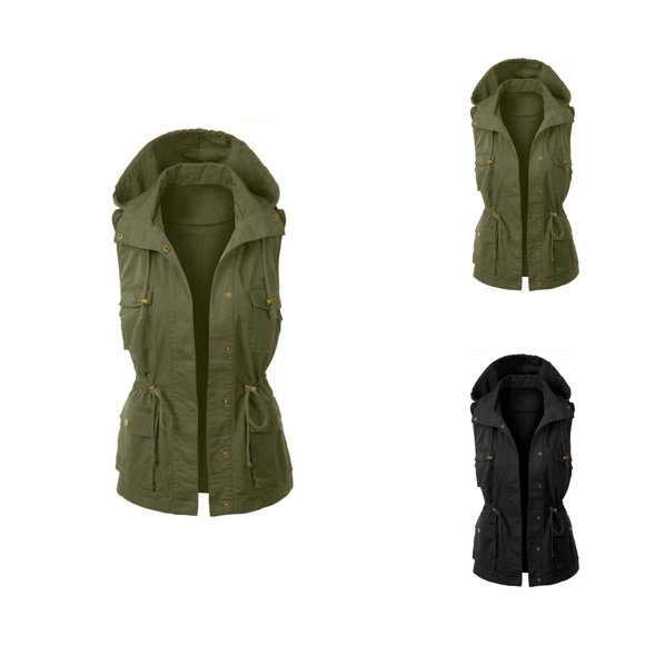 Gilet Utilitaire pour Femmes Sans Manches à Cordon de Serrage à la Taille avec Capuche et Poches