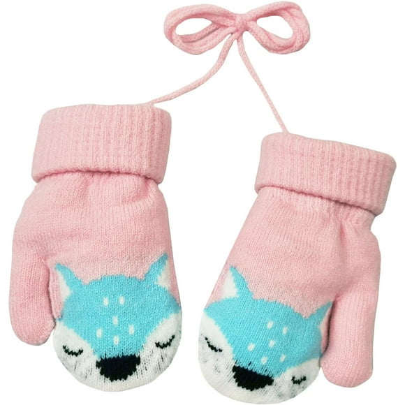 Cute Fox Baby Winter Warm Mittens On String Girls Boys 0-3 Y Toddler Magic Knitted Gloves Kids Cold Weather Gloves