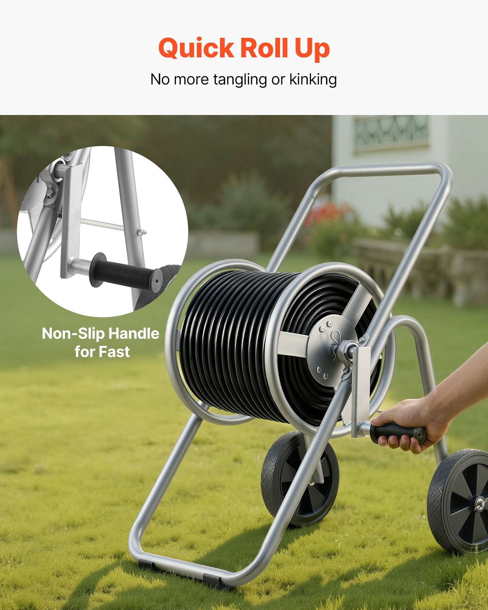Heavy Duty Powder Coated Steel Hose Reel Cart with Wheels Holds 175 ft of 5/8 Inch Garden Hose Mobile Outdoor Yard Lawn Planting Tool