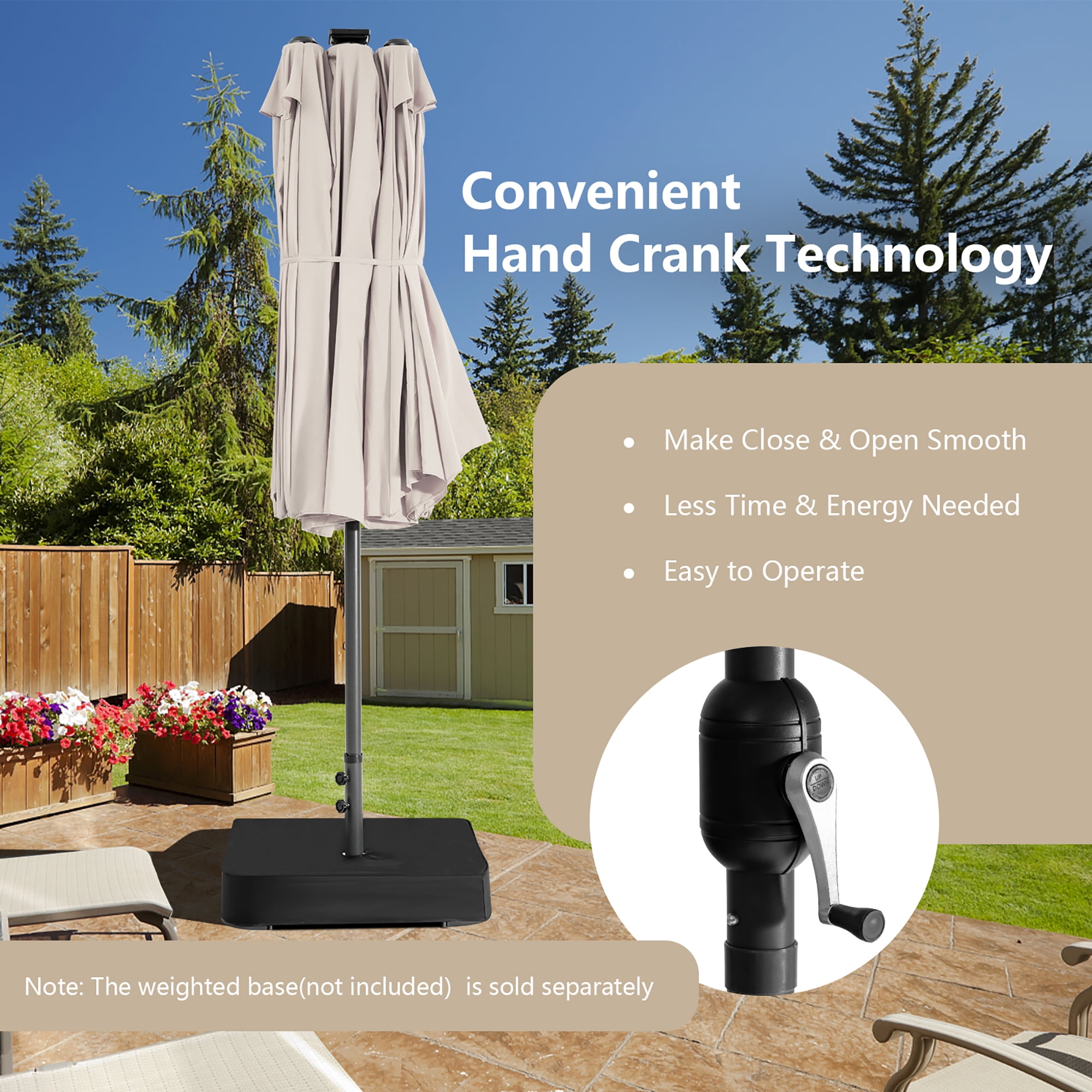 Costway 15FT Twin Patio Double-Sided Umbrella 48 Solar LED Lights Crank Outdoor Beige