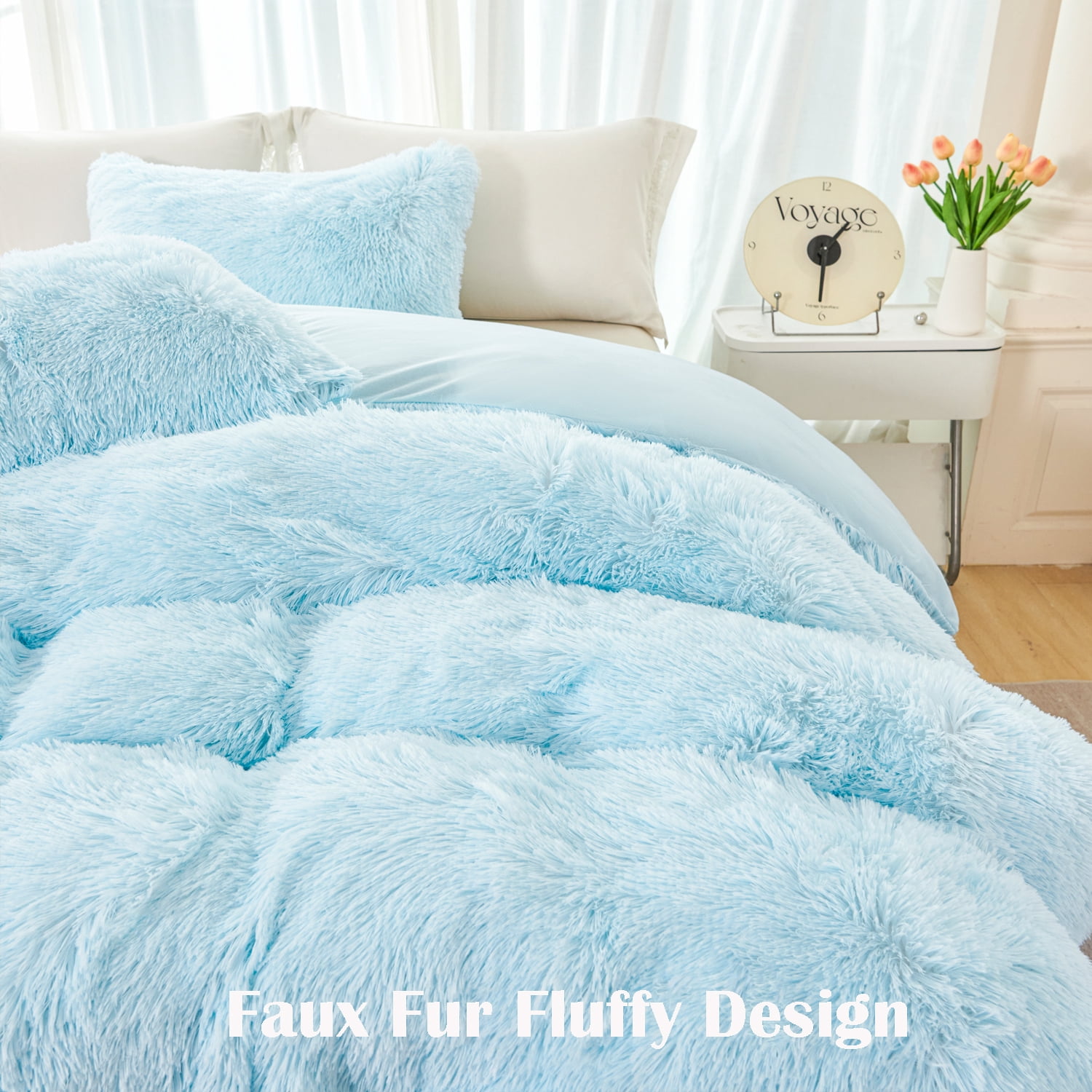 URBONUR 3 Pieces Blue Girls Comforter Sets Twin Faux Fur Plush Bedding Sets Fluffy Bedding Comforter Sets for Kids Teens(1 Shaggy Comforter + 2 Faux Fur Pillowcases)